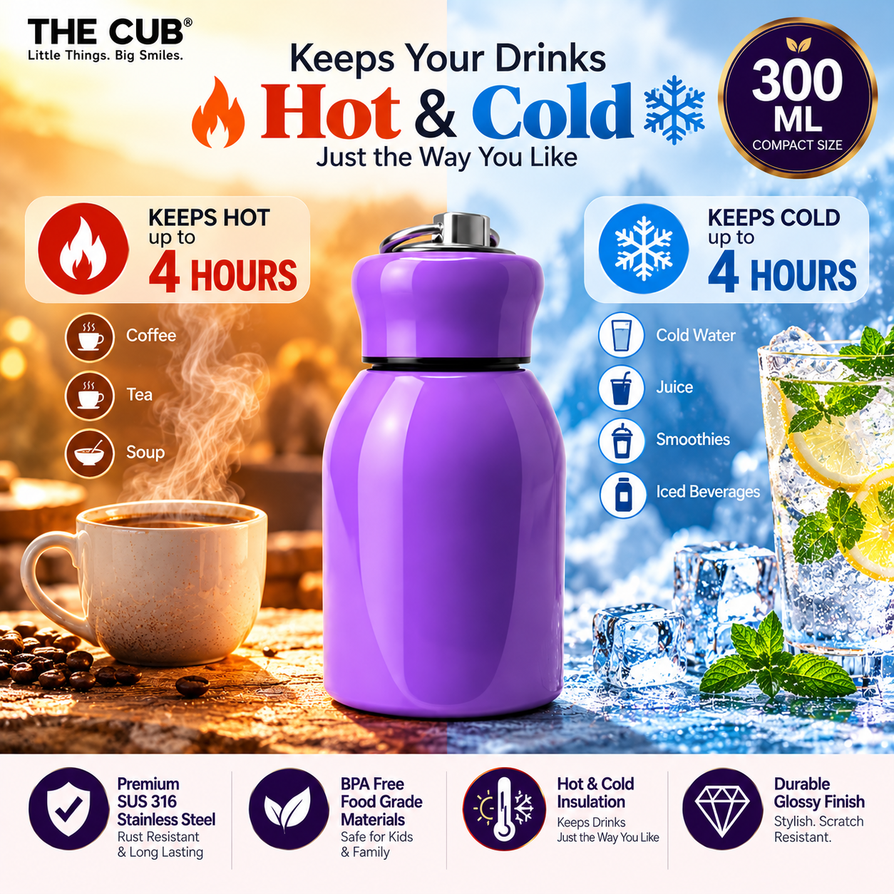 THE CUB 300ml green stainless steel water bottle showing hot and cold insulation performance for up to 4 hours