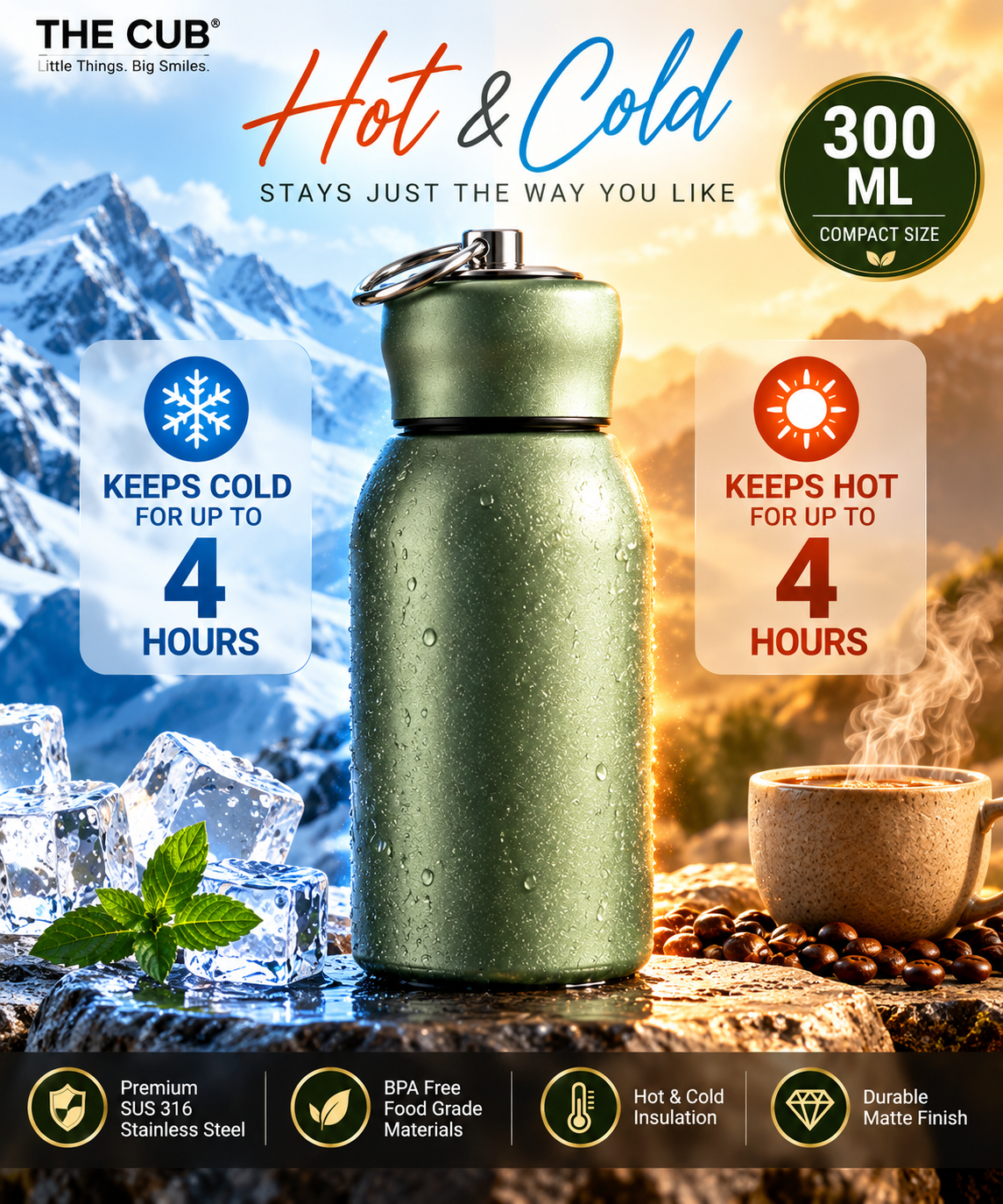 THE CUB 300ml Mini Stainless Steel Water Bottle – Vacuum Insulated Hot & Cold Thermos Flask for Kids, School & Office