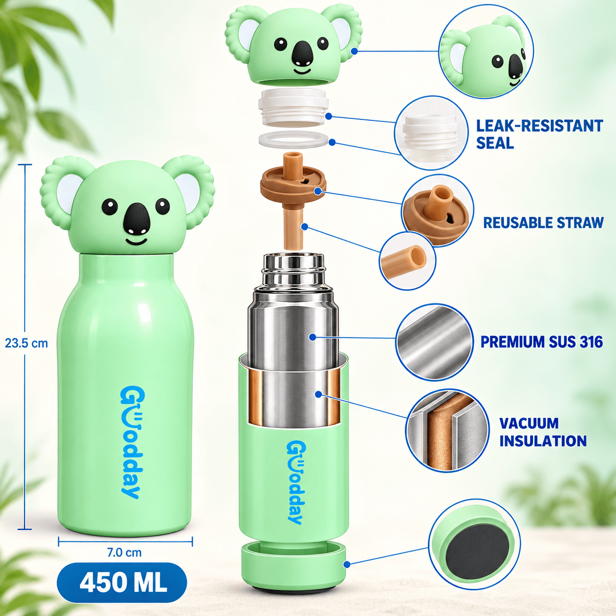 Goodday 450ml Leak-Proof Kids Insulated Water Bottle with Cute 3D Koala Lid