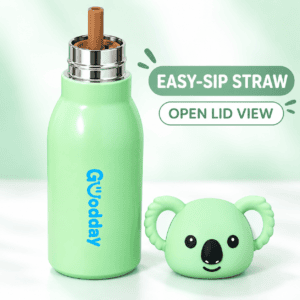 Goodday 450ml Mint Green Koala Kids Stainless Steel Insulated Water Bottle with 3D koala character lid.