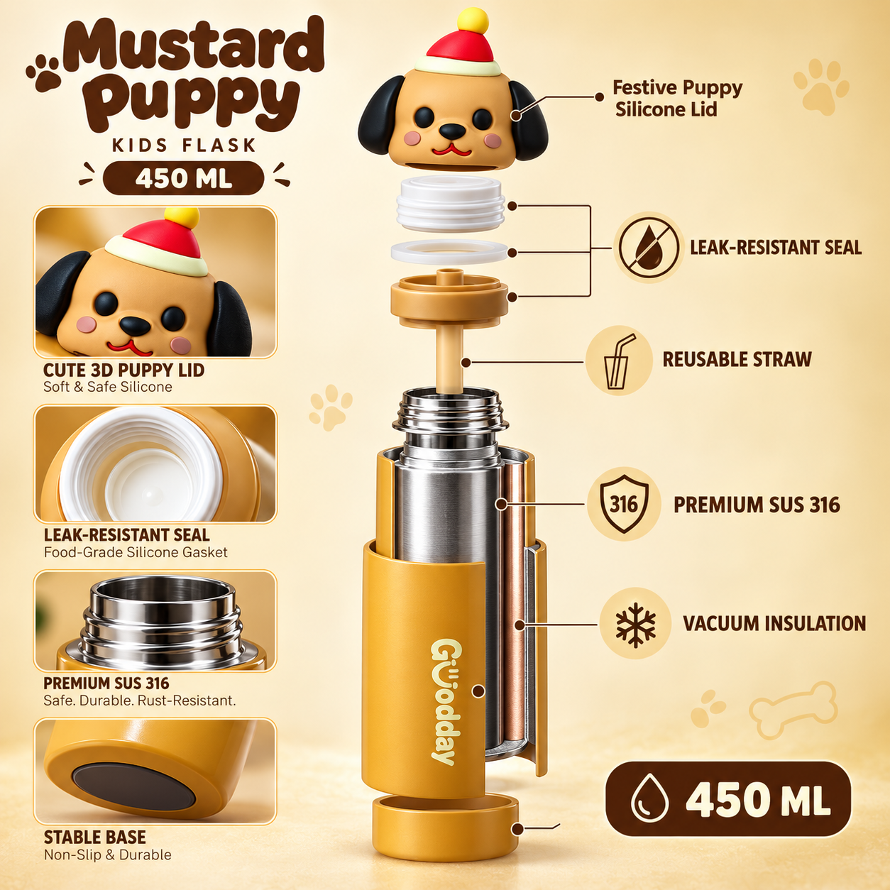 Goodday 450ml Leak-Proof Kids Insulated Water Bottle with Cute 3D Puppy Lid