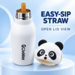 Goodday 450ml White Panda Kids Stainless Steel Insulated Water Bottle with 3D panda character lid.