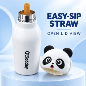 Goodday 450ml White Panda Kids Stainless Steel Insulated Water Bottle with 3D panda character lid.