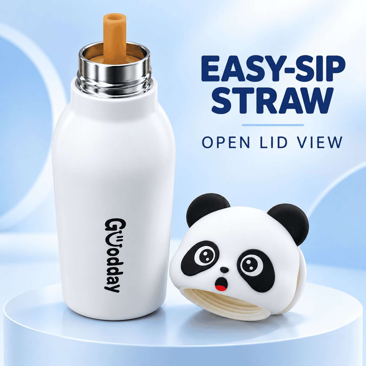 Goodday 450ml White Panda Kids Stainless Steel Insulated Water Bottle with 3D panda character lid.