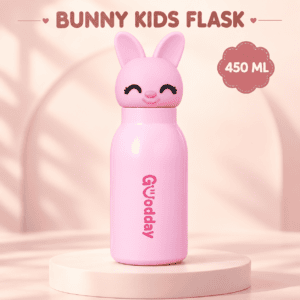 Goodday 450ml Pink Bunny Kids Stainless Steel Insulated Water Bottle with cute 3D bunny character lid.