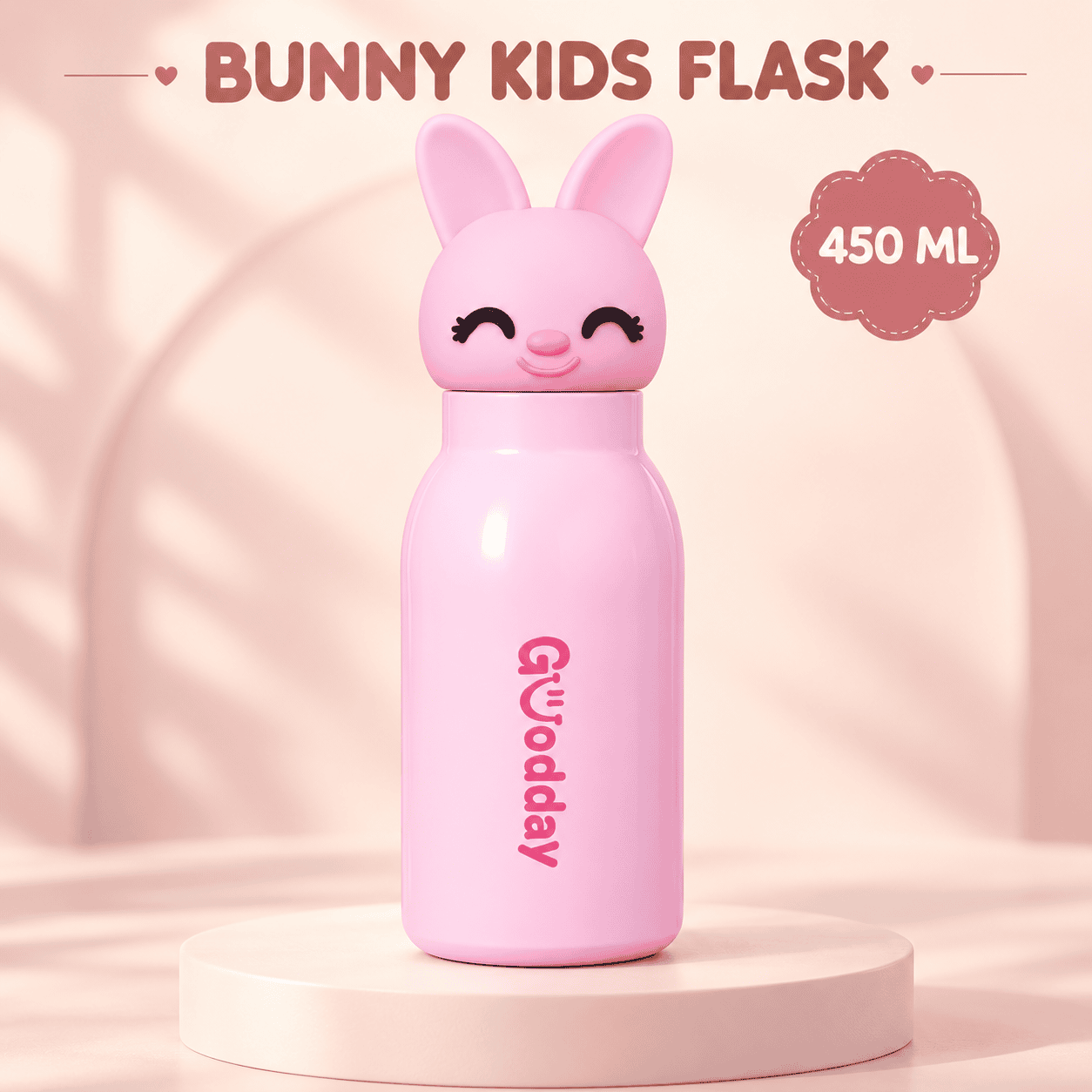 Goodday 450ml Pink Bunny Kids Stainless Steel Insulated Water Bottle with cute 3D bunny character lid.
