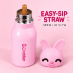 Goodday 450ml Pink Bunny Kids Stainless Steel Insulated Water Bottle with cute 3D bunny character lid.