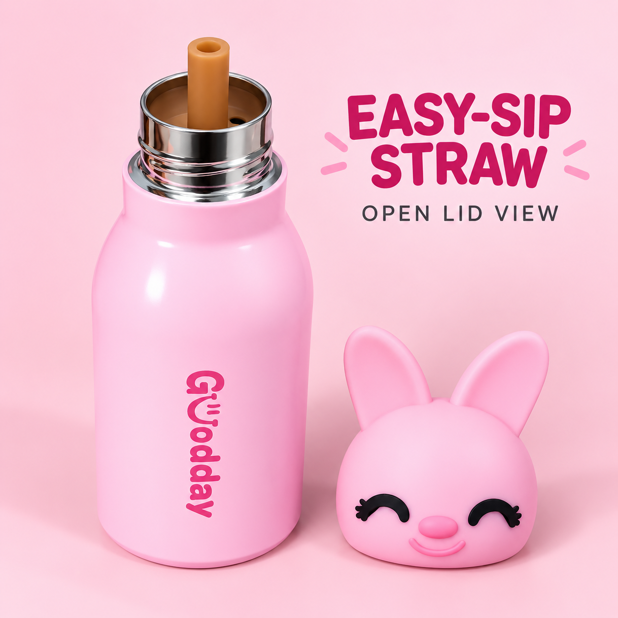 Goodday 450ml Pink Bunny Kids Stainless Steel Insulated Water Bottle with cute 3D bunny character lid.