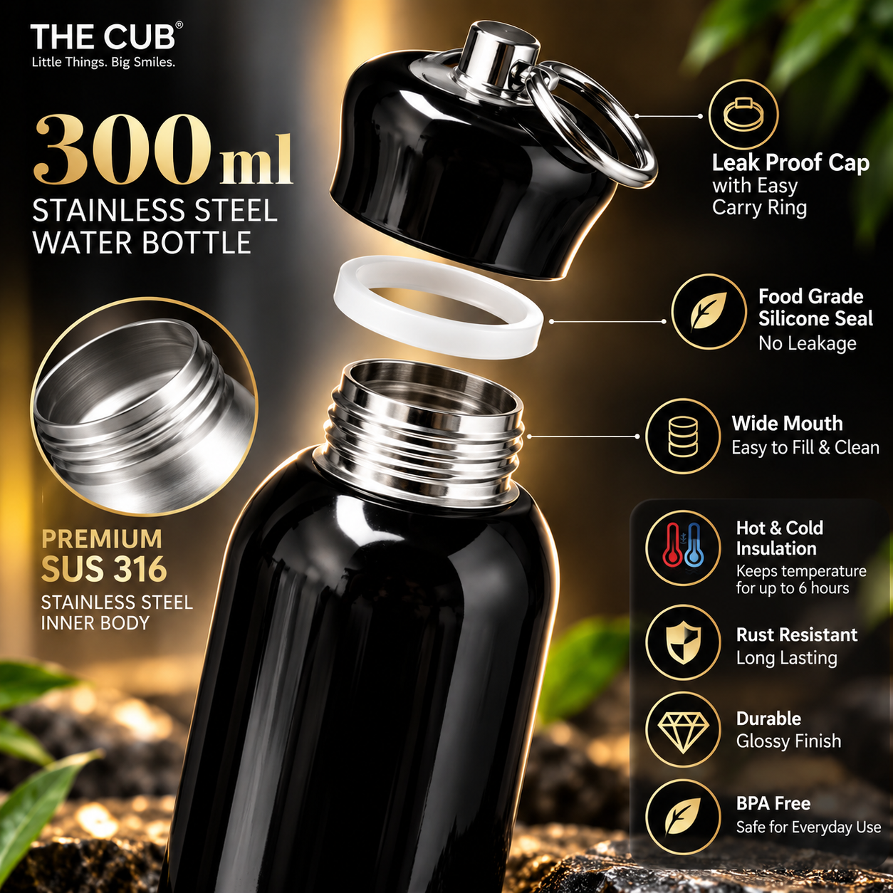 THE CUB 300ml Mini Stainless Steel Water Bottle – Vacuum Insulated Hot & Cold Thermos Flask for Kids, School & Office