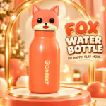 range Goodday 450ml kids thermos water bottle with 316 stainless steel liner and leak-proof fox character straw cap.