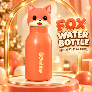 range Goodday 450ml kids thermos water bottle with 316 stainless steel liner and leak-proof fox character straw cap.