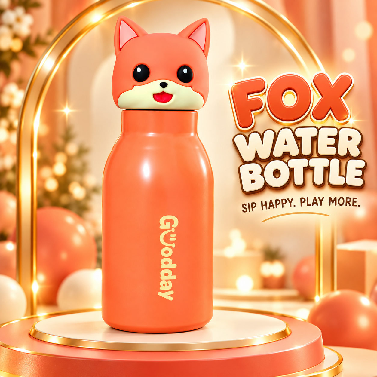 range Goodday 450ml kids thermos water bottle with 316 stainless steel liner and leak-proof fox character straw cap.