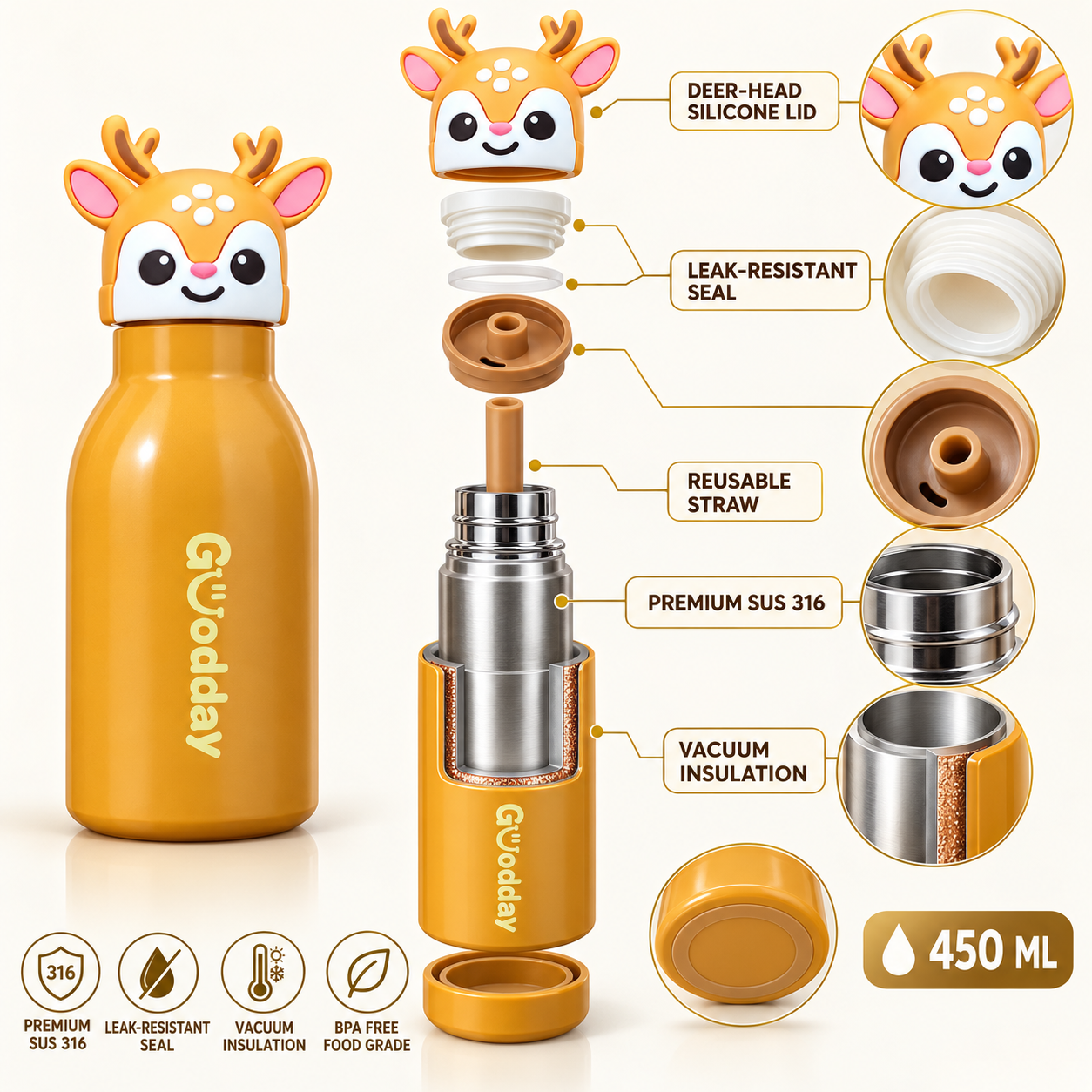 Goodday 450ml Mustard Yellow Deer Kids Stainless Steel Insulated Water Bottle with 3D deer character antler lid.