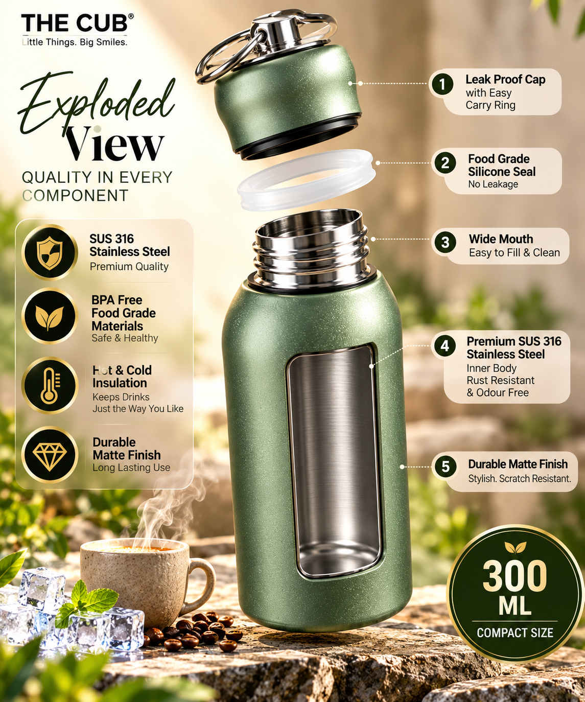 THE CUB 300ml Mini Stainless Steel Water Bottle – Vacuum Insulated Hot & Cold Thermos Flask for Kids, School & Office