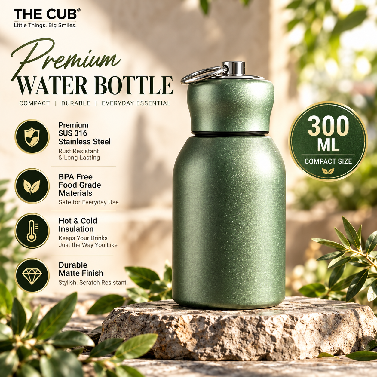 THE CUB 300ml Mini Stainless Steel Water Bottle – Vacuum Insulated Hot & Cold Thermos Flask for Kids, School & Office