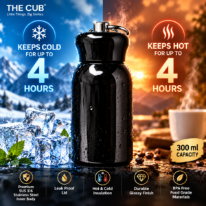 THE CUB 300ml glossy black stainless steel water bottle with 4 hour hot and cold insulation diagram