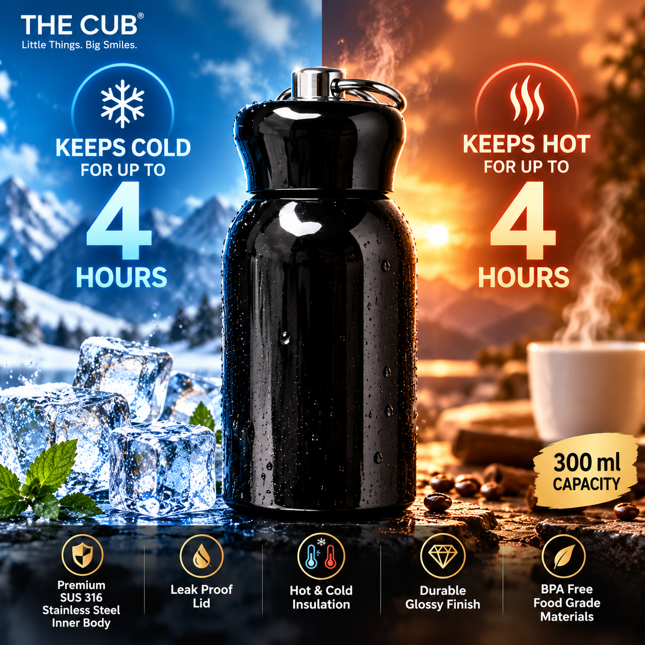 THE CUB 300ml glossy black stainless steel water bottle with 4 hour hot and cold insulation diagram