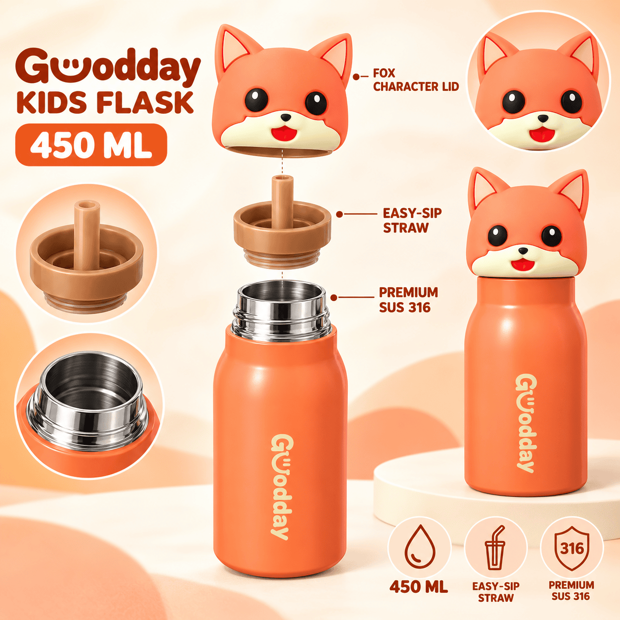 Goodday 450ml Leak-Proof Kids Insulated Water Bottle with Straw & Cute 3D Fox Lid