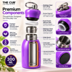 THE CUB 300ml purple stainless steel water bottle components and exploded feature diagram