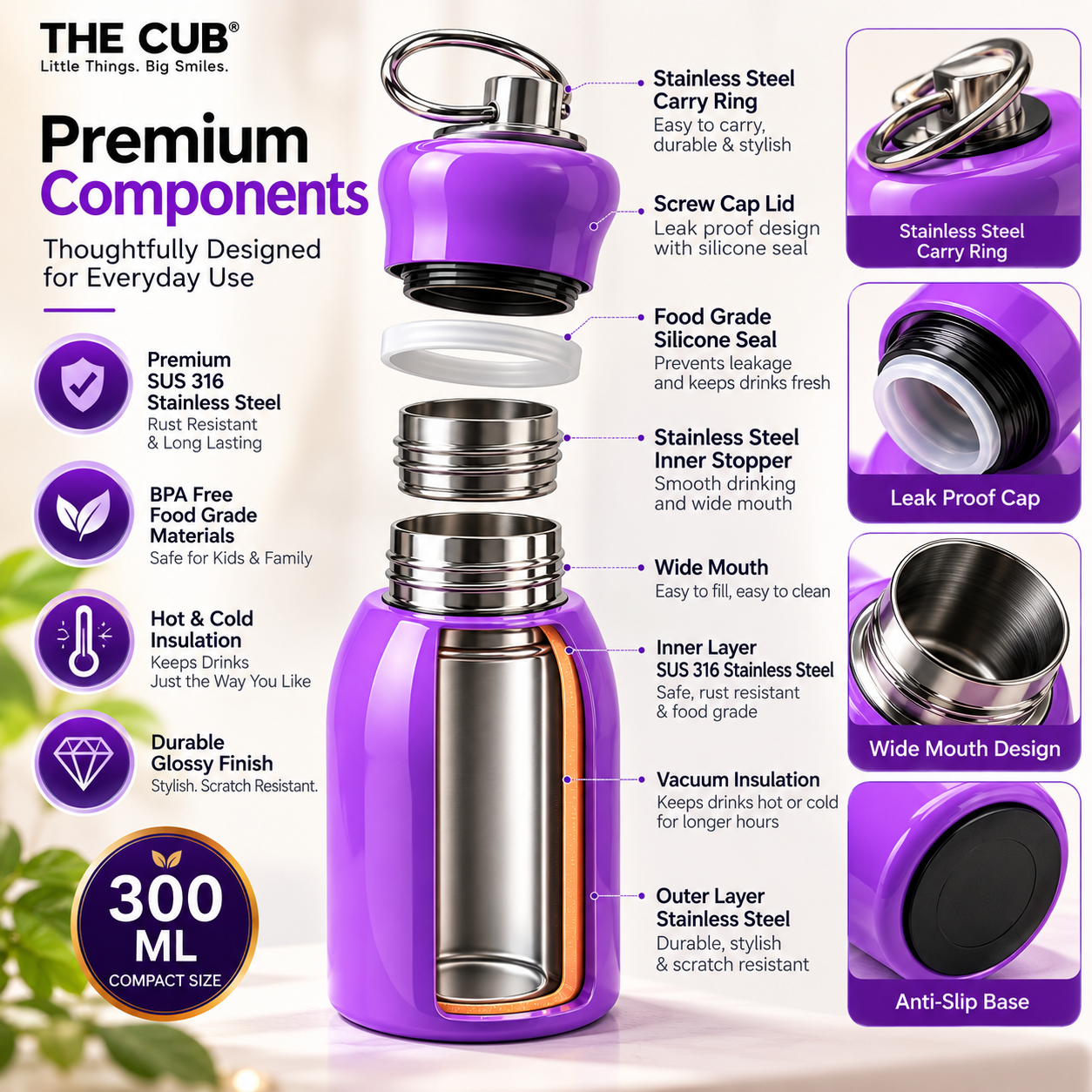 THE CUB 300ml purple stainless steel water bottle components and exploded feature diagram