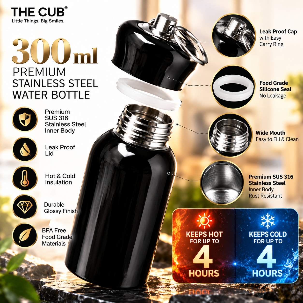 THE CUB 300ml Mini Stainless Steel Water Bottle – Vacuum Insulated Hot & Cold Thermos Flask for Kids, School & Office