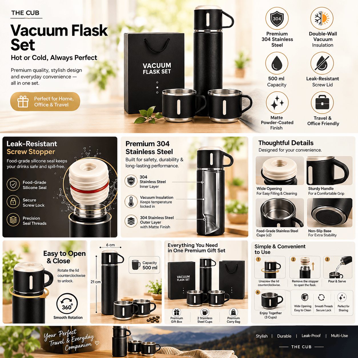Double Wall Vacuum Insulated Stainless Steel Flask Set with Cups (500 ML)
