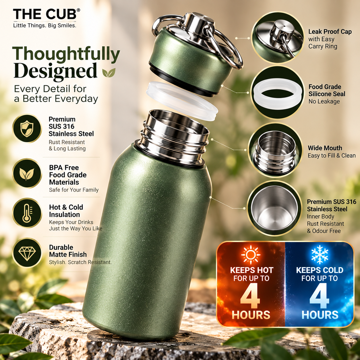 THE CUB 300ml Mini Stainless Steel Water Bottle – Vacuum Insulated Hot & Cold Thermos Flask for Kids, School & Office