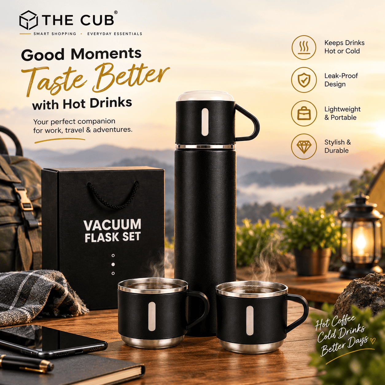 Double Wall Vacuum Insulated Stainless Steel Flask Set with Cups